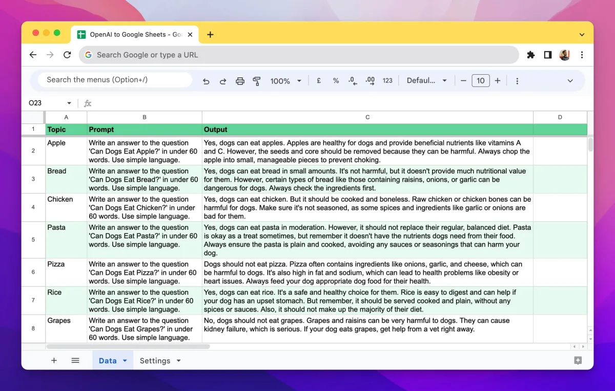 Сайт Google Sheets to OpenAI