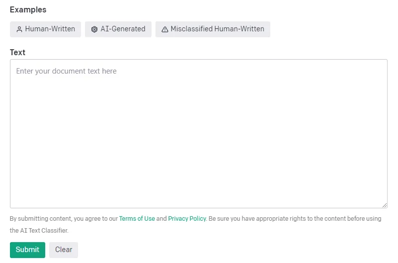 Сайт AI Text Classifier (Open AI)
